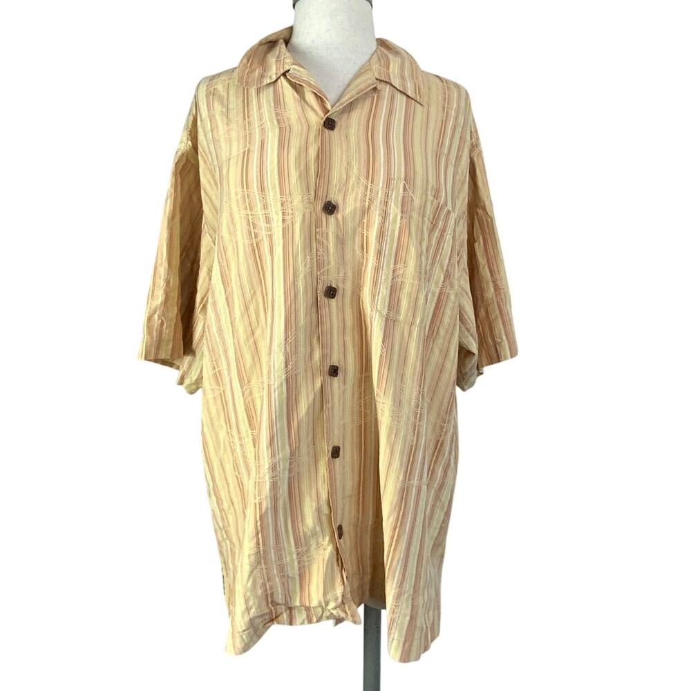 Joseph & Feiss 100% Silk Shirt Men"s Large Beige Striped, Floral Wood Button‎
